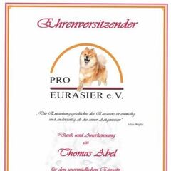 Urkunde "Ehrenvorsitzender" für Thomas Abel Abbildung der Urkunde